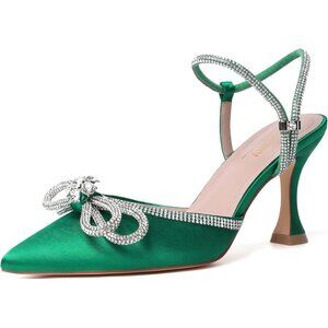 Women's Rhinstone Green Adjustable Strap Bow Closed Toe Pumps Heeled Shoes